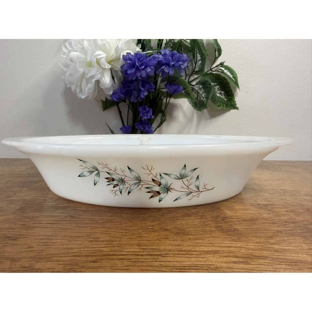 Vintage Glassbake Milk Glass Divided Casserole Turquoise‎ Leaf Mid Century Retro